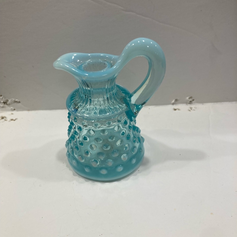 Vintage Aqua Blue Opalescent Hobnail Blue Glass Art 4 inch Pitcher No Flaws!